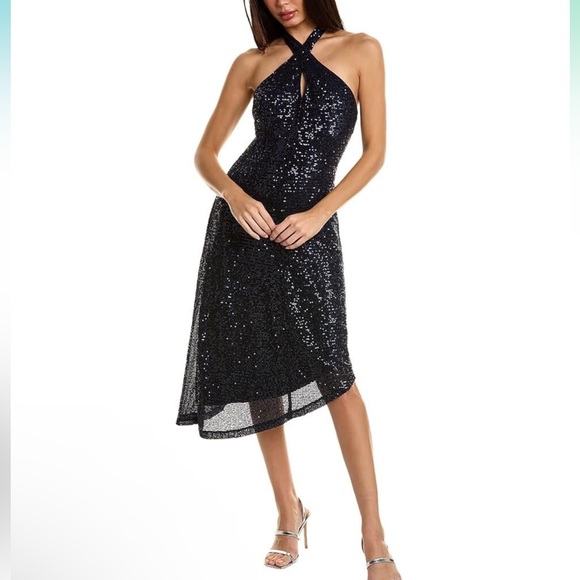 BCBGeneration Sequin Cross Neck Midi Dress in Navy Size 4 - Picture 1 of 7